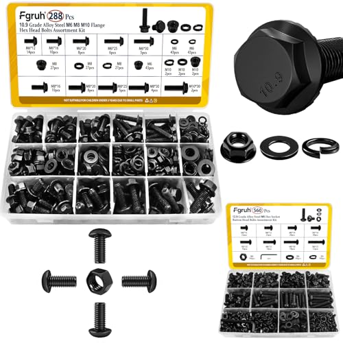 288PCS Metric M6 M8 M10 Flange Head Bolts Assortment Kit & 560PCS M6 Hex Socket Button Head Bolt Assortment Kit Black Zinc Plated for DIY, 3D Printer