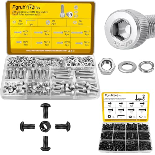 172Pcs Metric M6 Hex Socket Head Bolts Assortment Kit Stainless & 560PCS M6 Hex Socket Button Head Bolt Assortment Kit Black Zinc Plated for DIY, 3D Printer