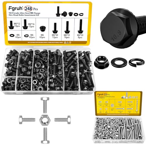 248PCS Metric M6-1.0 Flange Head Bolts Assortment Kit & 224PCS SAE 1/4''-20 Hex Bolts Assortment Kit with Nuts, Washers