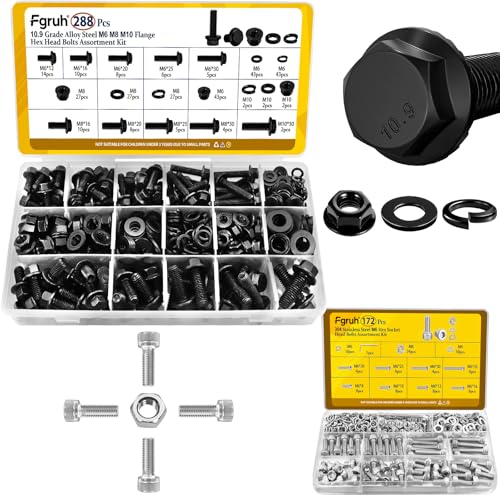 288PCS Metric M6 M8 M10 Flange Head Bolts Assortment Kit & 172Pcs M6 Hex Socket Head Bolts Assortment Kit with Nuts, Washers
