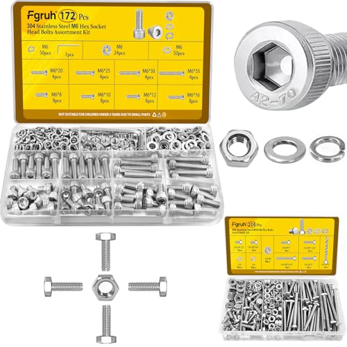 172Pcs Metric M6 Hex Socket Head Bolts Assortment Kit & 224PCS SAE 1/4''-20 Hex Bolts Assortment Kit, 304 Stainless Steel Screw Set with Nuts, Washers