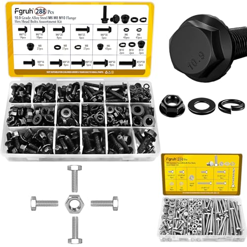 288PCS Metric M6 M8 M10 Flange Head Bolts Assortment Kit & 224PCS SAE 1/4''-20 Hex Bolts Assortment Kit with Nuts, Washers