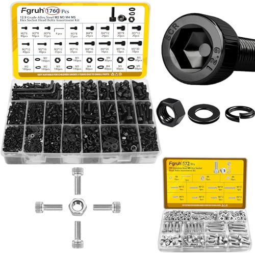 1760PCS Metric M2 M3 M4 M5 Hex Socket Head Cap Bolts Assortment Kit & 172Pcs M6 Hex Socket Head Bolts Assortment Kit with Nuts, Washers for DIY, 3D Printer