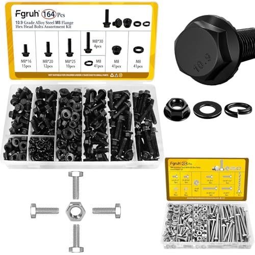 164PCS Metric M8-1.25 Flange Head Bolts Assortment Kit & 224PCS SAE 1/4''-20 Hex Bolts Assortment Kit with Nuts, Washers