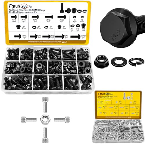 288PCS Metric M6 M8 M10 Flange Head Bolts Assortment Kit & 960Pcs M2.5 Hex Socket Head Bolts Assortment Kit with Nuts, Washers