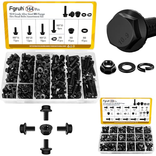 164PCS Metric M8 Flange Head Bolts Assortment Kit & 288PCS M6 M8 M10 Flange Head Bolts Assortment Kit with Nuts, Washers, 10.9 Black Zinc Galvanized
