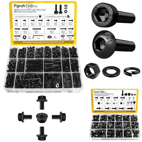 1500PCS M4 Hex Socket Button & Cap Head Bolts Assortment Kit and 288PCS M6 M8 M10 Flange Head Bolts Assortment Kit with Nuts, Washers, Black Zinc Galvanized