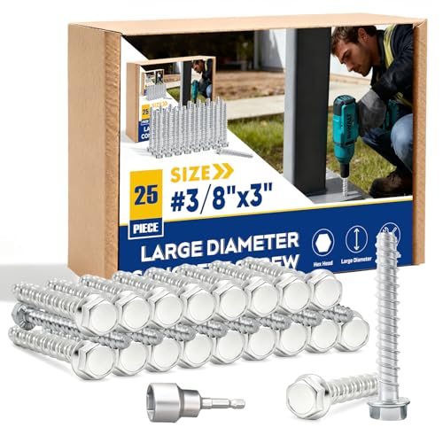 3/8" x 3" Large Diameter Concrete Screw 25 Pack - Heavy Duty Concrete Anchors, Masonry Screws for Brick, Block, Wood & Framing - Zinc Plated Hex Screws 3/8" x 3" - 25PACK