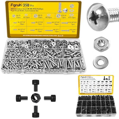 358PCS SAE #6-32#8-32#10-24 Phillips Pan Head Bolts Machine Screws Assortment Kit & 1760PCS Metric M2 M3 M4 M5 Hex Socket Head Cap Bolts Assortment Kit with Nuts, Washers