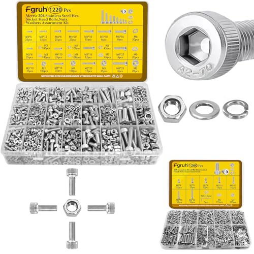 1220Pcs Metric M3 M4 M5 M6 Hex Socket Head Cap Screw Bolts Kit & 1260PCS M2 Hex Socket Head Bolts Assortment Kit, 304 Stainless Steel Screw Set with Nuts, Washers