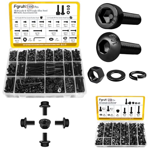 1500PCS M4 Hex Socket Button & Cap Head Bolts Assortment Kit and 248PCS M6 Flange Head Bolts Assortment Kit Black Zinc Galvanized