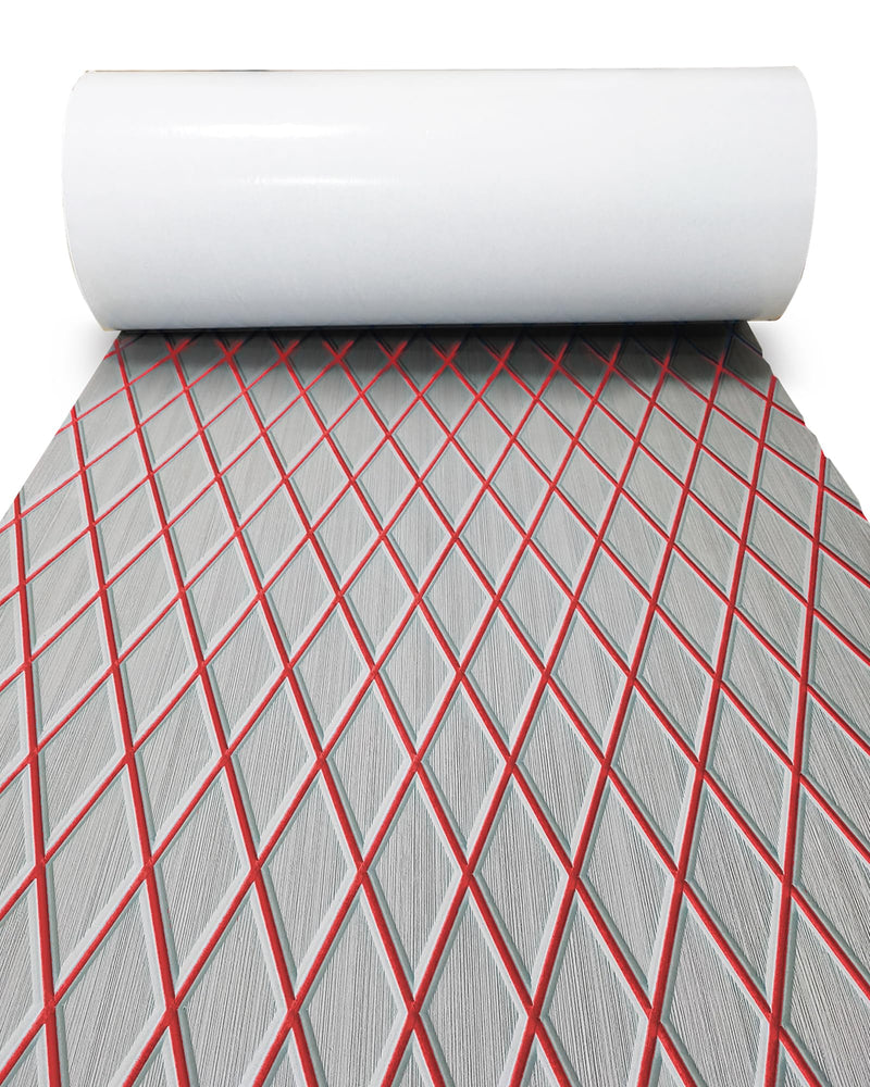 KXKZREN EVA Foam Boat Flooring Decking Sheet 6mm Thick Diamond Anti-Slip Marine Flooring Mat Self Adhesive Deck Pad for Bass Boat Yacht Motorboat RV Cooler Tops,47.2" x 94.5" / 27.6"x74.8" Grey With Red Diamond Seam Lines 94.5 x 16 inch , 10.59 sq.ft