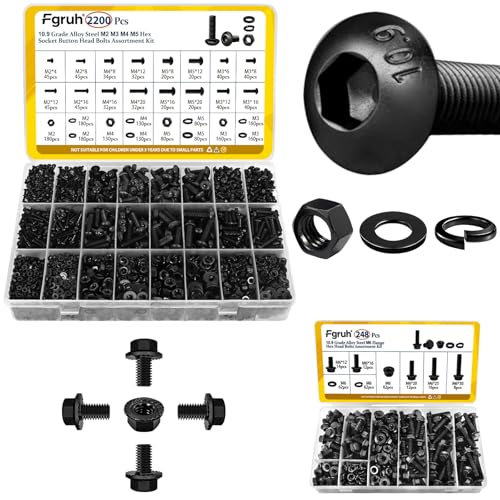 2200PCS M2 M3 M4 M5 Metric Hex Socket Button Head Screws Assortment Kit & 248PCS M6 Flange Head Bolts Assortment Kit Black Zinc Galvanized