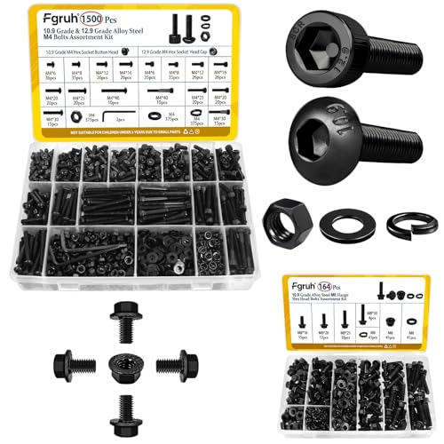 1500PCS M4 Hex Socket Button & Cap Head Bolts Assortment Kit and 164PCS M8 Flange Head Bolts Assortment Kit Black Zinc Galvanized