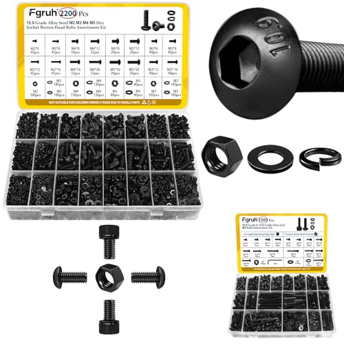 2200PCS M2 M3 M4 M5 Hex Socket Button Head Bolts Assortment Kit & 1500PCS M4 Hex Socket Button & Cap Head Bolts Assortment Kit Black Zinc Galvanized