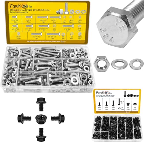 260PCS SAE 1/4-20, 5/16-18, 3/8-16 Hex Bolts Assortment Kit & 164PCS M8 Flange Head Bolts Assortment Kit with Nuts, Washers