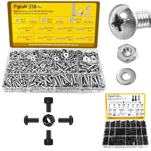 358PCS SAE #6-32#8-32#10-24 Phillips Pan Head Bolts Machine Screws Assortment Kit & 1500PCS M4 Hex Socket Button & Cap Head Bolts Assortment Kit