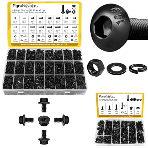 2200PCS M2 M3 M4 M5 Metric Hex Socket Button Head Screws Assortment Kit & 164PCS M8 Flange Head Bolts Assortment Kit 10.9 Black Zinc Galvanized