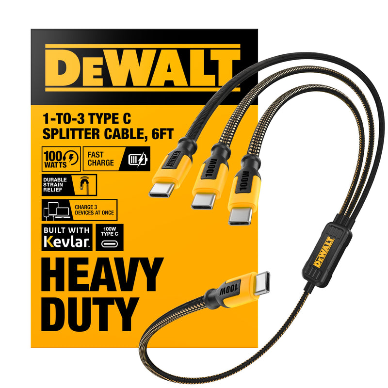 DEWALT 100W Smart USB-C to USB-C Splitter – Data Transfer & Fast Charging, 1-to-3 Output, Kevlar Reinforced, 6ft Heavy-Duty for Laptop, MacBook, iPad, Android, Samsung, iPhone, Works w/Carplay