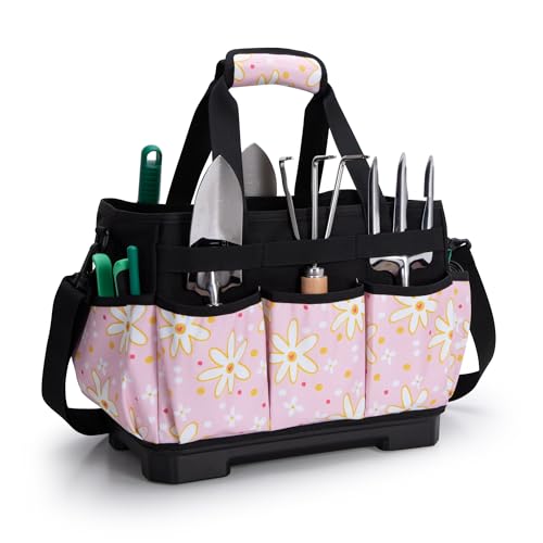 Marscamd Garden Tool Bag with Hard Bottom, Garden Tote with Shoulder Strap Pink Sunflower