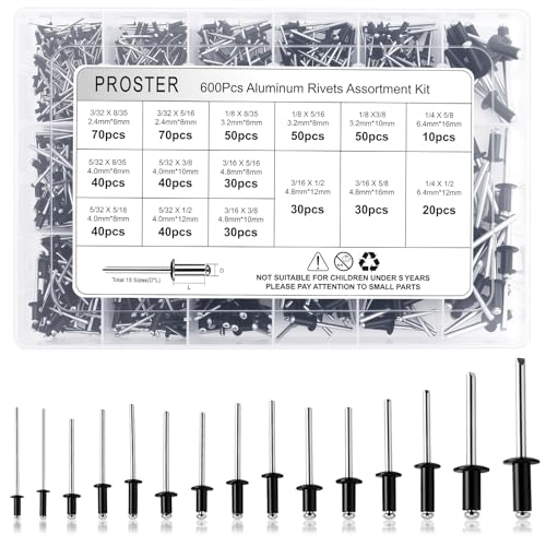 Proster 600pc Black Rivet Assortment - 15 Sizes 3/32"-1/4" with Case