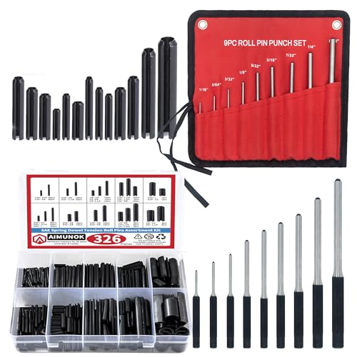 326-Piece Roll Pin Set & 9-Piece Punch Set with Pouch - 24 Sizes & 1/16"-1/4" Steel Punches for Home Improvement, Gunsmithing & DIY