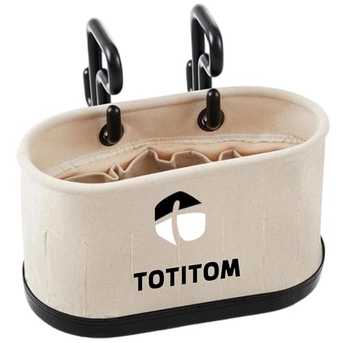 Canvas Bucket Bag, Aerial Oval Tool Bucket With Hooks & 15 Pockets, Oval Hard-Body Bucket Tool Organizer, Black Molded Polypropylene Bottom, for Industrial Maintenance Construction Sites (White)