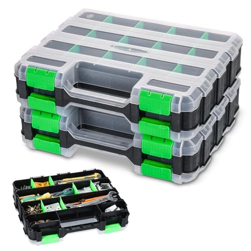 Tool Box with Transparent Lid, 2 Pack Hardware Organizer Box Green