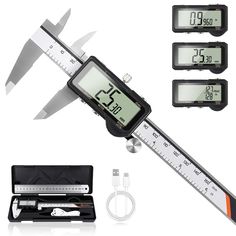 HARDELL Digital Caliper 6 Inch, Rechargeable Calipers with One-Key Reset Setting, Inch/mm/Fraction Conversion, Large LCD Screen Auto-Off, Measuring Tool for DIY, 3D Printing, Jewelry Woodworking Hobby Sliver