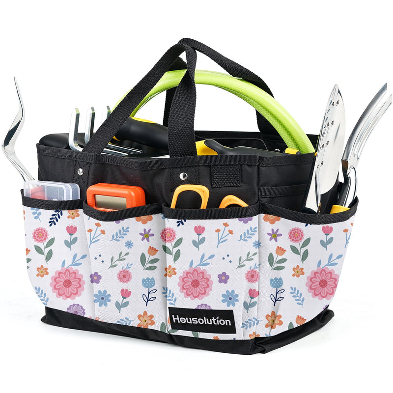 Housolution Gardening Tote Bag, Deluxe Garden Tool Storage Bag and Home Organizer with Pockets, Wear-Resistant & Reusable, 14 Inch, White Floral