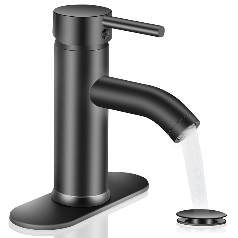 Matte Black Bathroom Faucets Single Hole Bathroom Sink Faucet | Modern Single Handle Bathroom Faucte 1 or 3 Hole, RV Sink Vanity Faucet (with Drain, Black)