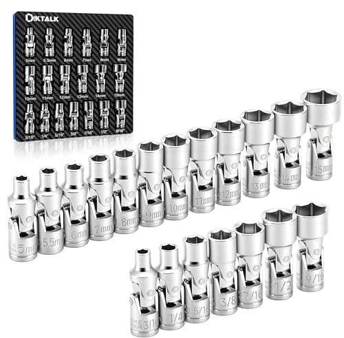 19-Piece 1/4" Drive Universal Joint Socket Set, Swivel Socket Set & Wobble Sockets with Metric (5-15mm) and SAE (3/16"-9/16"), 6-Point CR-V Flex Sockets for Tight Spaces