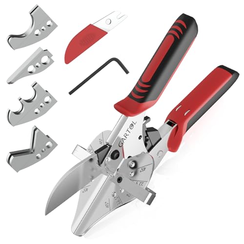 GARTOL Adjustable Ratchet Miter Shears, Precision Multi-Angle Cutter for Quarter Round, Shoe Molding & PVC Trim, 5 Interchangeable Anvils with SK5 Blade, Ideal for Home Renovation & DIY Crafts