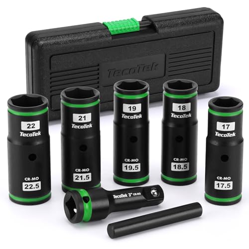 TecoTek 7PCS Lug Nut Socket Set, 1/2” Impact Thin Wall Flip Socket, Half Size Wheel Socket Set, Metric, 6 Point, 3" Extension Bar & Knockout Bar, 17.5mm, 18.5mm, 19.5mm, 21.5mm, and 22.5mm Half Size Metric