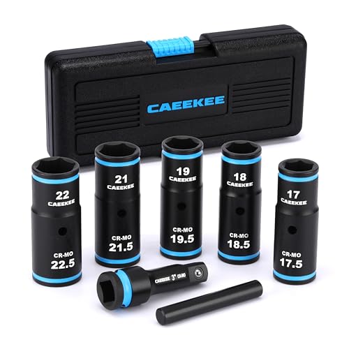 1/2" Drive Lug Nut Impact Socket Set, 7PCS Thin Wall Flip Socket Set, Half Size Metric Wheel Socket Set, 17.5mm, 18.5mm, 19.5mm, 21.5mm, 22.5mm, 6 Point, CR-MO, 3" Extension Bar & Knockout Bar 7PCS Half Size Metric