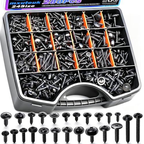 mxuteuk 280PCS Automotive Screws Kit,#8#10#12#14 Phillips Head Automotive Body Self Tapping Screws(24 Size) Black-24Sizes Automotive Screws Kit