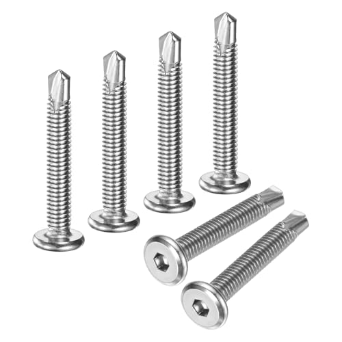 M METERXITY 100 Pack Hex Socket Self Tapping Screws, 1/4 x 1-5/8 Inch Flat Head Socket Cap Bolts 410 Stainless Steel Metal Sheet Drilling Screw for Home Repair Wood [Silver Tone] 1/4" x 1-5/8" Silver Tone