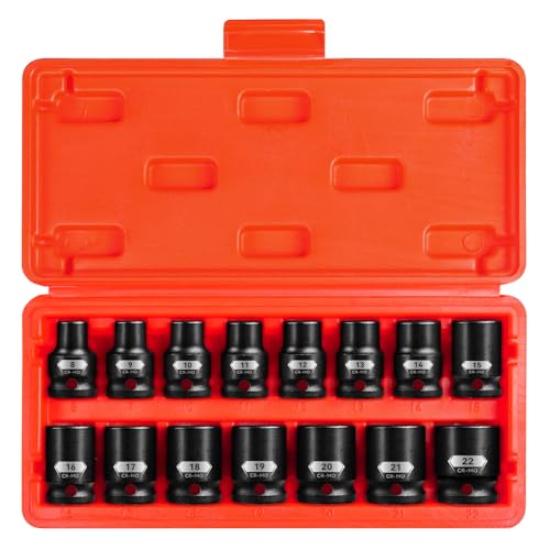 15-Piece 1/2" Drive Shallow Impact Socket Set, Metric Size (8-22mm) 12-Point Socket Set, CR-MO Steel for Automotive & DIY