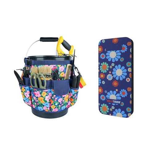 MELOTOUGH Bucket Caddy Organizer Bucket Tool Organizer for Garden Tools Fit 3.5 to 5 Gallon Bucket, Garden Kneeling Pad, 1" Thick Soft NBR Foam Kneeling Pads for Gardening, Cleaning, Work (Blue Flower