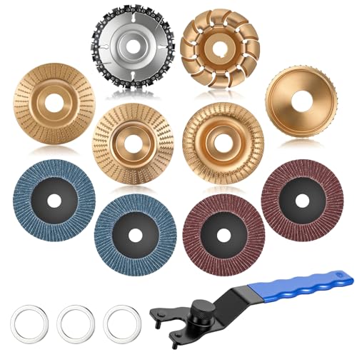 14PCS Wood Carving Disc Set for 4" or 4 1/2" Angle Grinder, Stump Tool Grinding Wheel Disc with 5/8" Adapter Ring & Wrench Wood Shaping for Cutting Carving Grinding Sanding Polishing