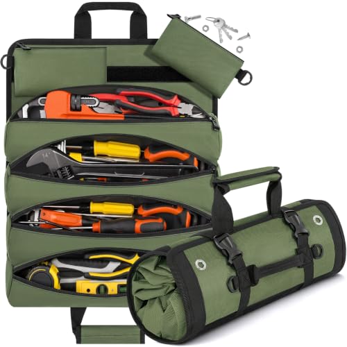 ANILD 15.5 Inch Extra Long Tool Bag Roll Up, Roll Up Tool Bag Organizer Green Large