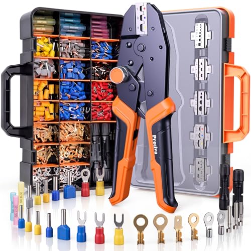 Preciva Crimping Tool Kit with 6 Interchangeable Jaws, Adjustable Ratchet Crimper with Pressure Knob, 361pcs Terminals, Ergonomic Handle & Storage Case – MC4 Crimping Tool for Electrical Work 361