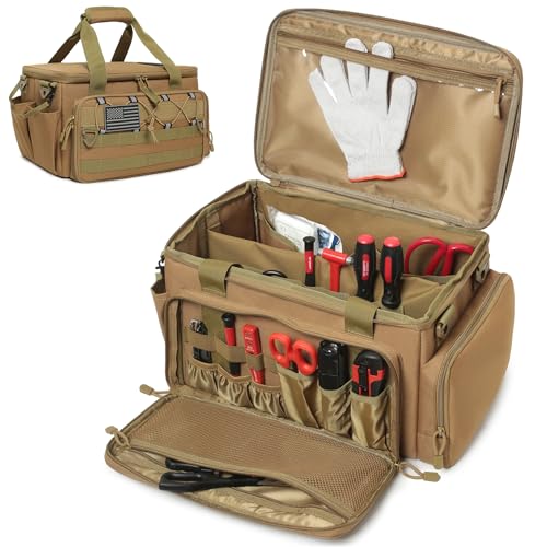 15-Inch Tool Bag, Multi-Purpose Tactical Work Tote & Range Organizer with Shoulder Strap, for Electricians, Handymen, Carpenters & Shooting Range Use (Khaki) Khaki