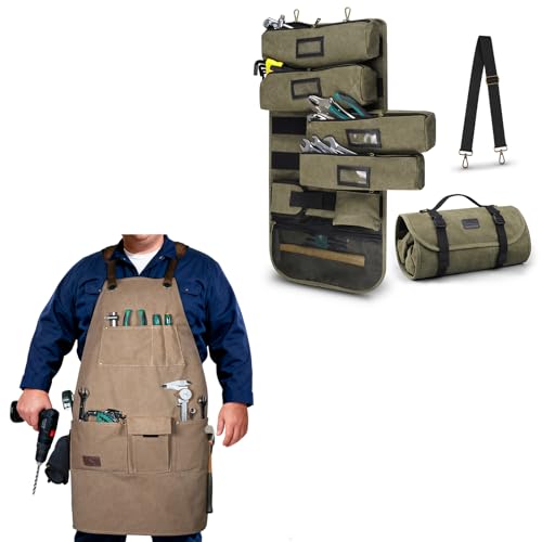 ARCFOX Washed Canvas Roll Up Tool Bag Green and Canvas Woodworking Apron