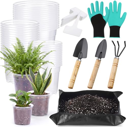 83 Pcs Garden Supplies Tools Kit, 5/6/7 Inch Clear Plastic Plant Pots with Transplanting Mat, Trowel Cultivator Rake Set, Label & Glove, Succulent Tools Gift for Plant Lovers Accessory