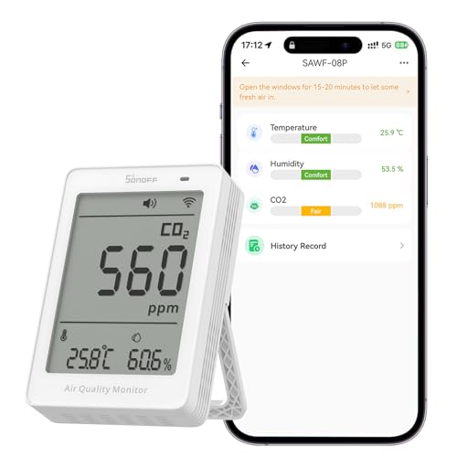 SONOFF AirGuard CO2 Intelligent Indoor Air Quality Monitor, Matter Compatible, 2.4GHz WiFi, CO2/Temp/Humidity Detector, Real Time Display & Alarm for Bedroom/Nursery