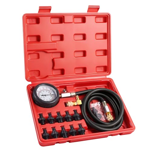 Oil Pressure Tester Kit, 0–140 PSI Engine Oil Pressure Gauge with Hose & Brass Adapters, Automotive Diagnostic Tool for Cars, Motorcycles, Small Diesel Engines, with Storage Case (red) red
