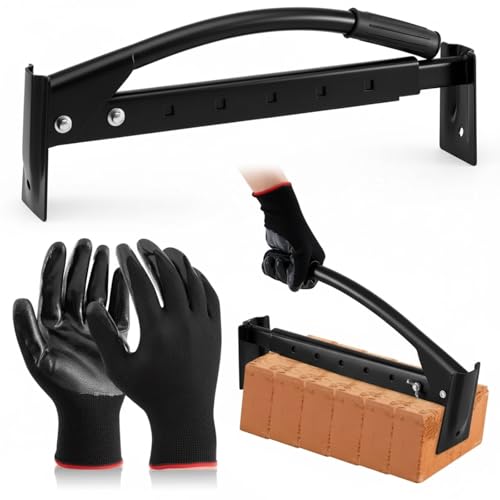 Adjustable Heavy Duty Brick Tongs Set Between Carry 6 to 10 Bricks Heavy Duty Block Tongs with Rubber Pad Handle and Gloves for Bricks Lifting Carrying (Black) Black