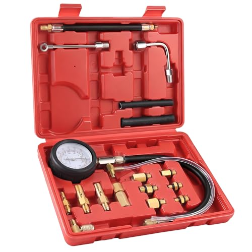 Fuel Pressure Tester Kit 0–140 PSI, Fuel Injection Pressure Tester & Fuel System Pressure Gauge Kit with Hoses and Adapters for Gasoline Cars Trucks Motorcycles（Red） （TU-114Red）