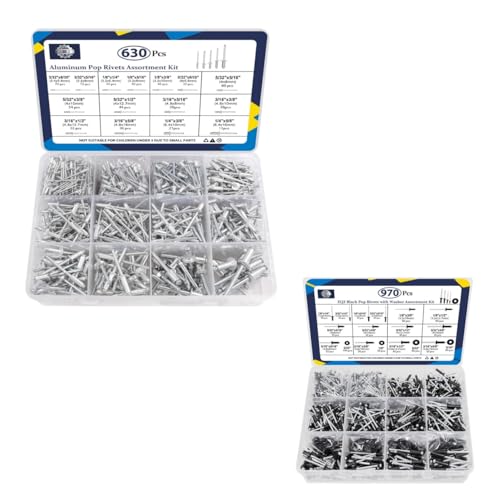 ZQZ 970Pcs Black Pop Rivets with Washer Assortment Kit + ZQZ 630Pcs Aluminum Pop Rivets Assortment Kit